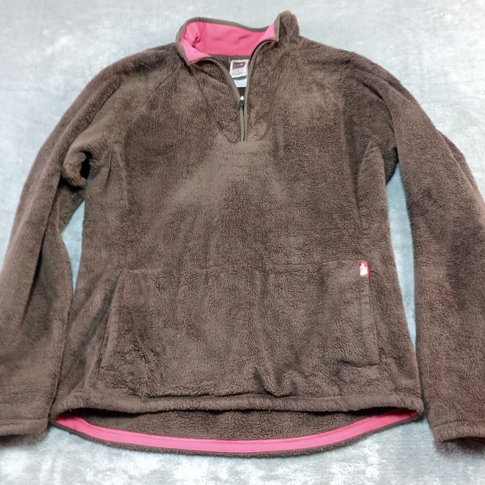 North Face Mossbud Fleece‎ 1/4 Zip Pullover Womens Sz L Brown Fuzzy Teddy Bear